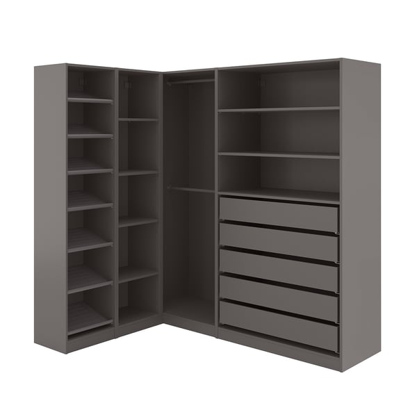 Grauer PAX-Eckschrank: 3 Abschnitte, 4 Regale, 4 Schubladen. Schlankes, modernes Design für effiziente Lagerung.