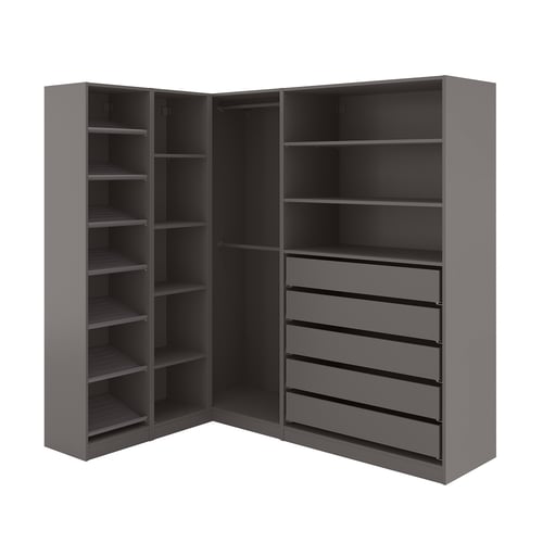 Grauer PAX-Eckschrank: 3 Abschnitte, 4 Regale, 4 Schubladen. Schlankes, modernes Design für effiziente Lagerung.