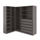 Grauer PAX-Eckschrank: 3 Abschnitte, 4 Regale, 4 Schubladen. Schlankes, modernes Design für effiziente Lagerung.