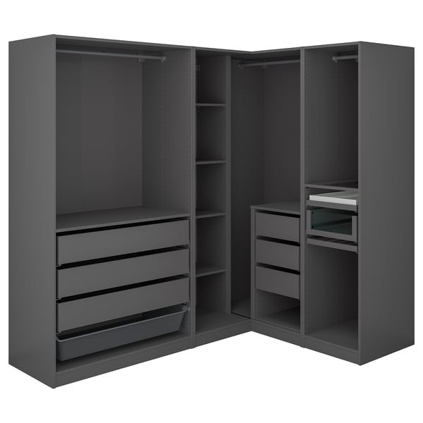 Hier sieht man sich einen dunkelgrauen PAX-Eckkleiderschrank mit Regalen und Schubladen vor, ideal zum Aufbewahren von Kleidung und Accessoires.