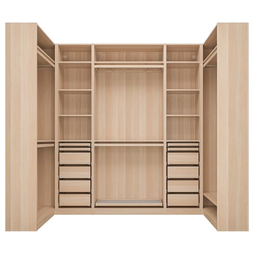 PAX-Kleiderschrank aus hellem Holz, mit Regalen und Schubladen, mit minimalistischem Design.
