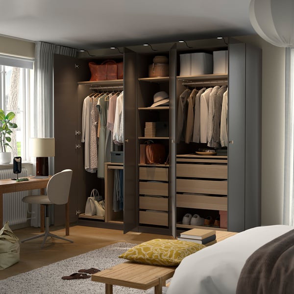 PAX / FORSAND Schrankkombination, dunkelgrau/Eicheneff wlas dunkelgrau, 250x60x236 cm