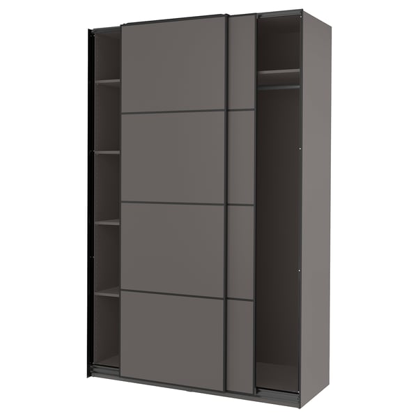 PAX-Kleiderschrank: dunkelgrau, modern, Schiebetüren, rechteckig, minimalistisch, Stahl und Spanplatte.