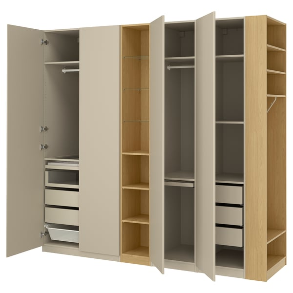 PAX / REINSVOLL Schrankkombination, graubeige graubeige/Eichenachbildung, 255x60x236 cm