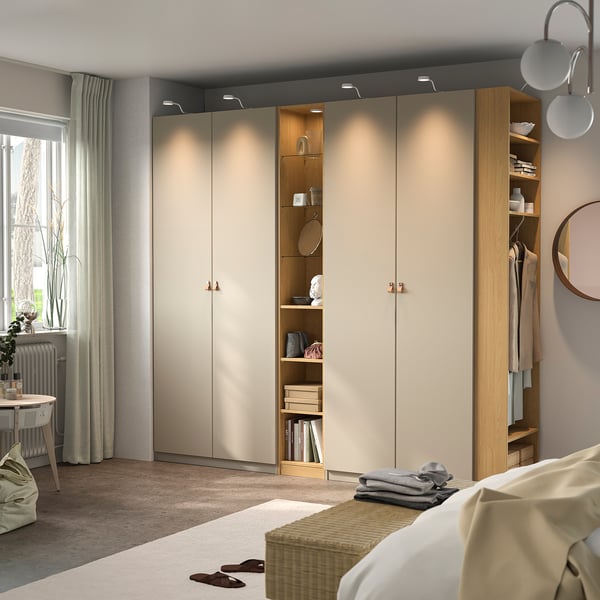 PAX / REINSVOLL Schrankkombination, graubeige graubeige/Eichenachbildung, 255x60x236 cm