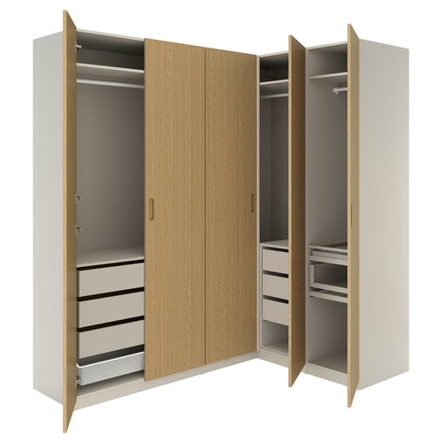 PAX / TONSTAD Eckkleiderschrank, graubeige/graubeige Eichenfurnier, 231/161x236 cm