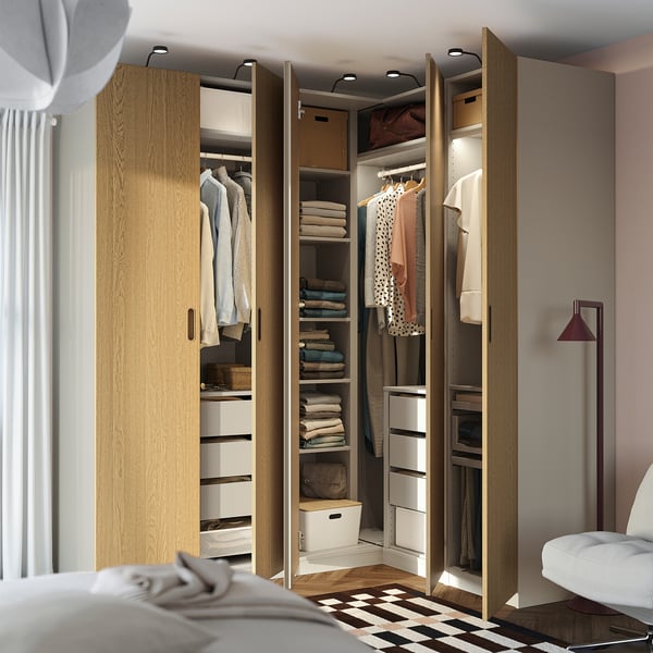 PAX / TONSTAD Eckkleiderschrank, graubeige/graubeige Eichenfurnier, 231/161x236 cm
