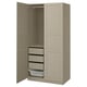 PAX Kleiderschrank, beige. Hoch, rechteckig mit drei Schubladen, zwei Türen und einem Netzkorb.