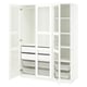 Ein weißer Ikea PAX-Kleiderschrank mit offenen Türen, freizügigen Regalen und Netzschubladen zur Aufbewahrung.
