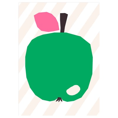 Grünes Apfelposter, rosa Blatt, schwarzer Stiel, gestreifter Hintergrund, einfaches Design
