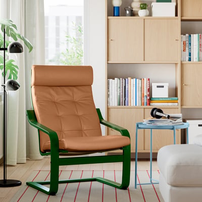 Wohnzimmer mit braunem Ledersessel, grünem Rahmen, neben Bücherregal mit hellblauer Lampe und Pflanze; Bequem und stilvoll.