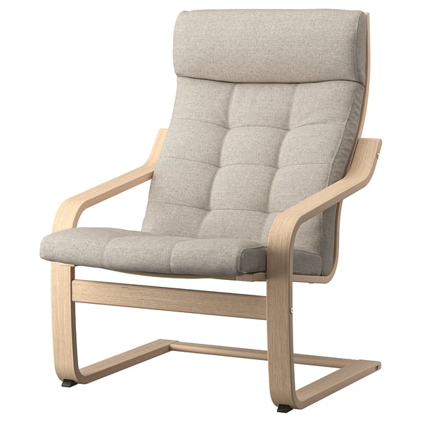 POÄNG Sessel: hellgrau, gebogenes Bugholz, gepolsterte Sitzfläche und Rückenlehne, modern und bequem.