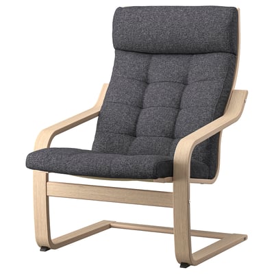 POÄNG Stuhl, Gestell aus heller Eiche, dunkelgraues Kissen, getuftetes Design, geschwungene Linien.