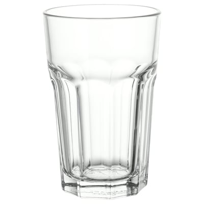 Becher aus klarem gehärtetem Glas, sechseckiges Design, robuster Café-Stil.
