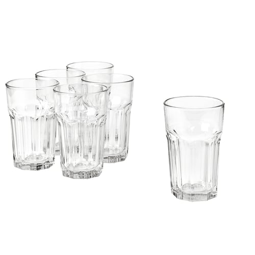 Sechs durchsichtige, gehärtete Glasbecher in verschiedenen Größen, die für Langlebigkeit und täglichen Gebrauch ausgelegt sind.