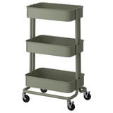 Grüner 3-stöckiger Utility-Wagen, Ikea RÅSKOG, mit Metallregalen und Rädern, perfekt für die Aufbewahrung.