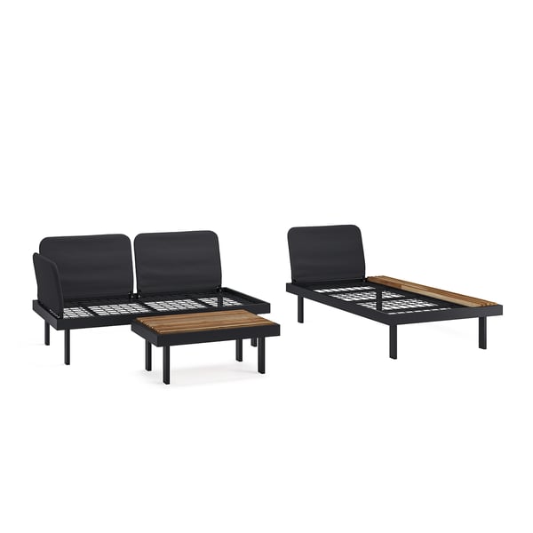 REVSKÄR Outdoor-Set: schwarzes Sofa, Couchtisch, Chaiselongue, Akazienholz, Stahlgestelle.