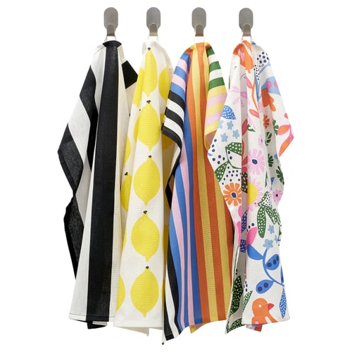 Vier bunte Geschirrtücher: gestreift, Zitrone, Regenbogen, Blumen, Baumwolle.