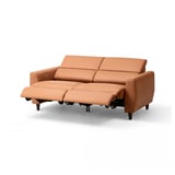 Braunes Leder-Liegeliege-Sofa, schlankes Design, Holzbeine, elektrisch liegende Funktion.