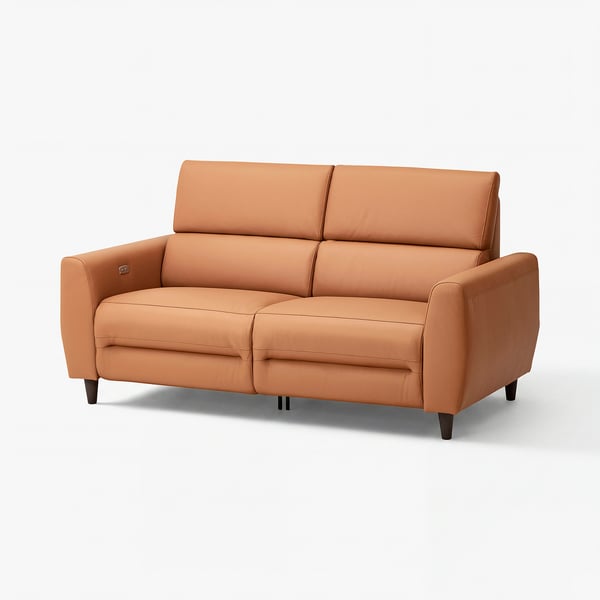 RULLERUM braunes Leder elektrisches Relaxsofa mit hoher Rückenlehne und Lendenstütze.