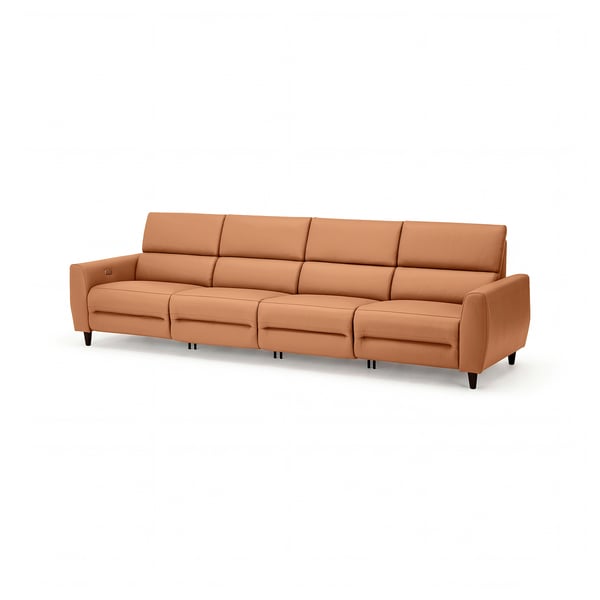 Braunes elektrisches Leder-Relaxsofa mit schräger Rückenlehne und dunklen Holzbeinen.