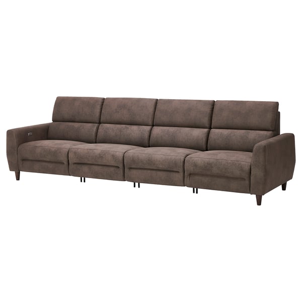Ein braunes, gepolstertes, moduläres Sofa mit elektrischen Liegesesseln. Das Sofa hat eine hohe Rückenlehne, Lendenstütze und ein schlankendes, modernes Design.