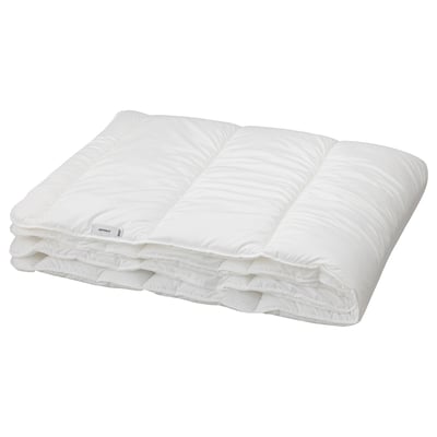 Weiße IKEA SÄFFEROT recycelte Polyester-Bettdecke, ordentlich gefaltet, sauberes Design.