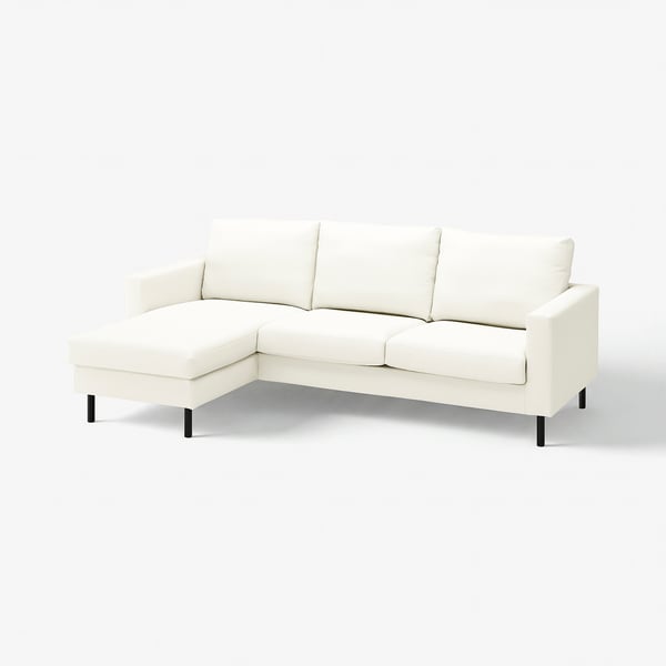 SALTSJÖBADEN weißes Sofa, modernes minimalistisches Design, L-förmiger Ecksofa, weicher lederartiger Stoff, schlanke schwarze Beine.