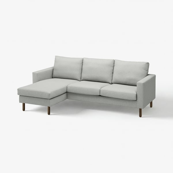 Hellgraues, modernes l-förmiges Sofa mit Holzbeinen, minimalistisches Design.