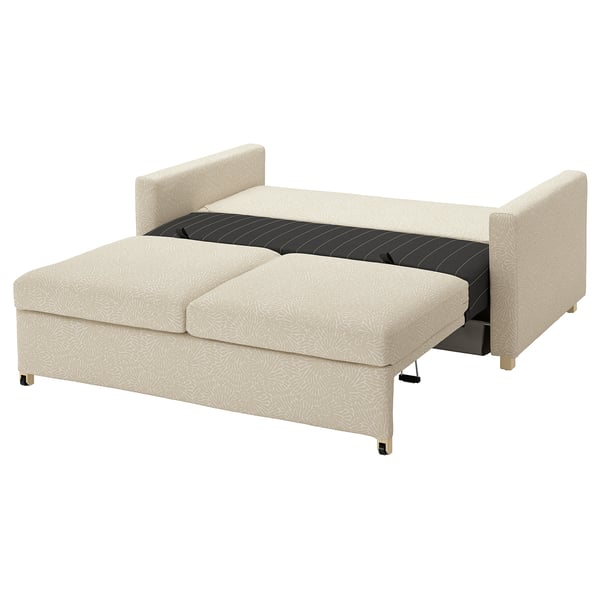 Ein beiges SALTSJÖBADEN-Schlafsofa mit Blumenmustern, mit Baumwolle bezogen und in einer modernen, minimalistischen Form.
