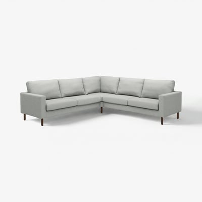 Hellgraues Ecksofa, modernes Design mit Holzbeinen, weichen Kissen, perfekt für gemütliche Räume.