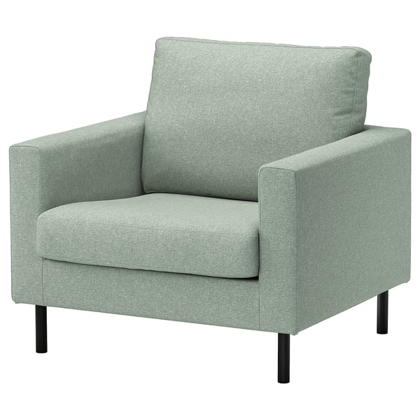 SALTSJÖBADEN grauer Polsterstuhl, weiche Kissen, schlanke schwarze Beine, modernes minimalistisches Design.