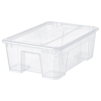 Eine durchsichtige SAMLA-Aufbewahrungsbox aus Polypropylen-Kunststoff mit Deckel und Griffen zum einfachen Tragen.