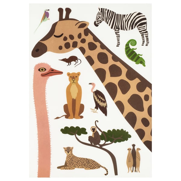 Illustratives Safari-Sticker-Set mit Giraffe, Zebra, Löwe, Strauß, Gepard, Erdmännchen und anderen, ideal für die Dekoration von Kinderzimmern.