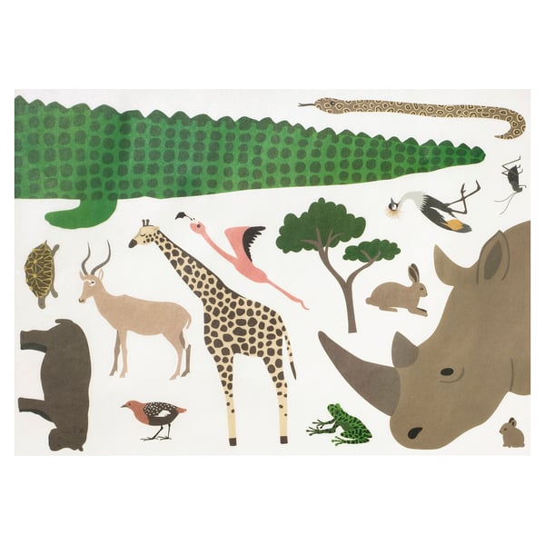 Illustrative Savannen-Aufkleber: Giraffe, Nashorn, Flamingo und mehr. Befestigen Sie es an Wänden oder Möbeln für eine verspielte Raumdekoration.
