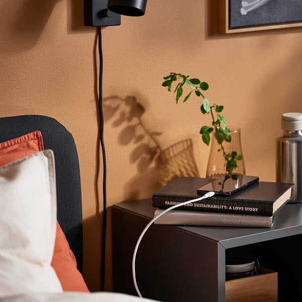 Nachttischszene mit Büchern, Pflanze und Ladekabel.