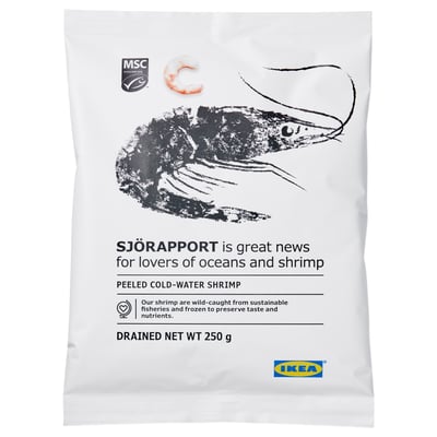 IKEA sjörraport Garnelenverpackung, hebt das Marine-Logo hervor, das Garnelenbild, 250 g Abtropfgewicht, MSC-zertifiziert nachhaltig.