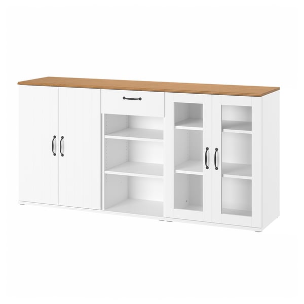 Ein weißer SKRUVBY-Schrank mit Glastüren und Holzarbeitsplatte.