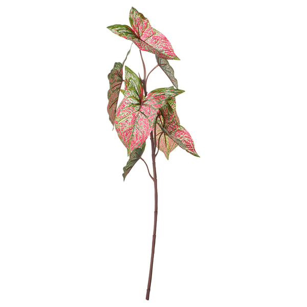 SMYCKA: leuchtend rosa und grüne Kunstblume mit braunem Stiel, realistischen Blättern, recyceltem Kunststoff, leuchtenden Farben, detaillierten Maserungen.