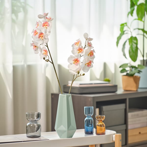 Weiße Orchidee in grüner geometrischer Vase, kleine blau/orangefarbene Vasen daneben, in der Nähe des Fensters mit Pflanze.