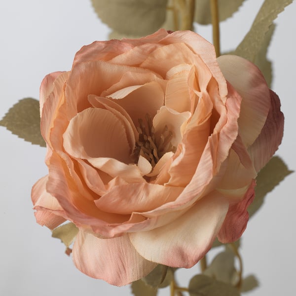 Künstliche Pfirsichrose in Nahaufnahme mit subtilen Schattierungen, die Schichten aus stoffähnlichen Blütenblättern, eine detaillierte Mitte und einen grünen Stiel mit Blättern zeigt.