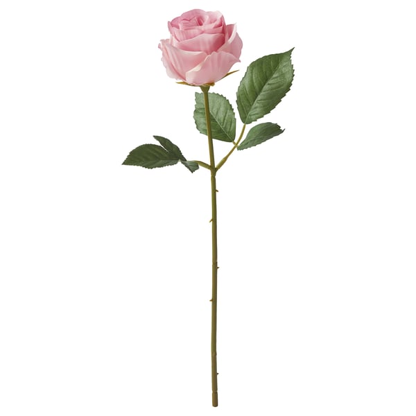 Rosa künstliche Rose mit grünen Blättern, Stiel, recycelten Materialien.