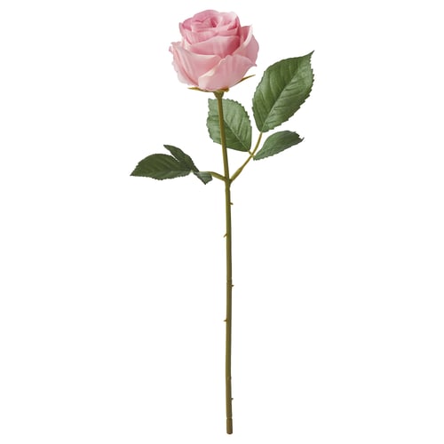 Rosa künstliche Rose mit grünen Blättern, Stiel, recycelten Materialien.