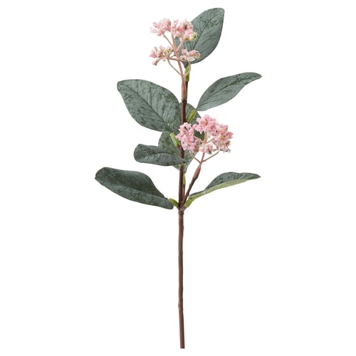 Künstlicher rosa Blütenstiel mit grünen Blättern, hergestellt aus recyceltem Material, lebensecht und wartungsfrei.