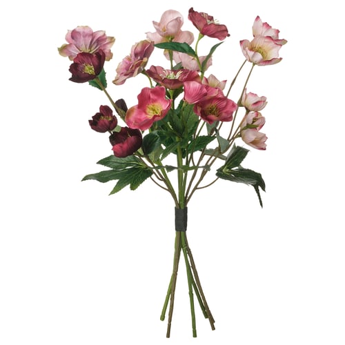 SMYCKA-Strauß: rosa Blüten, grüne Blätter, recycelte Materialien.