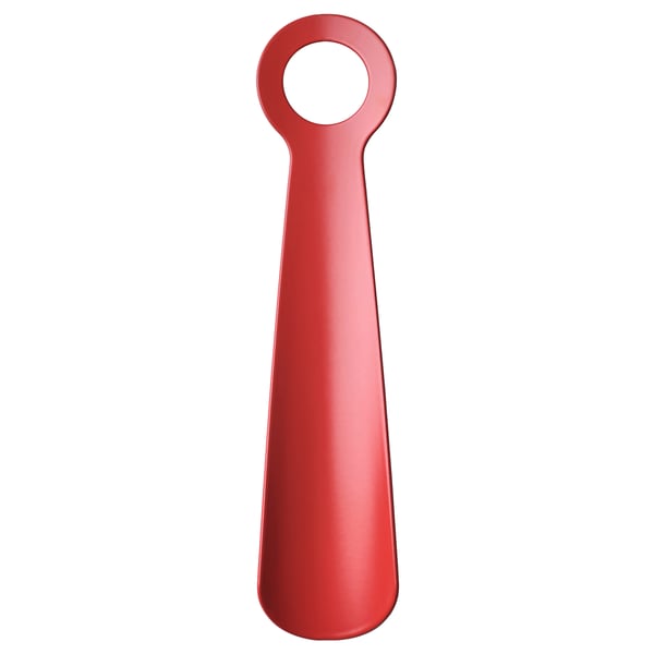 Roter SNÖSKYFFEL Reiseschuhlöffel. Robust, gebogen, hell, hängend.