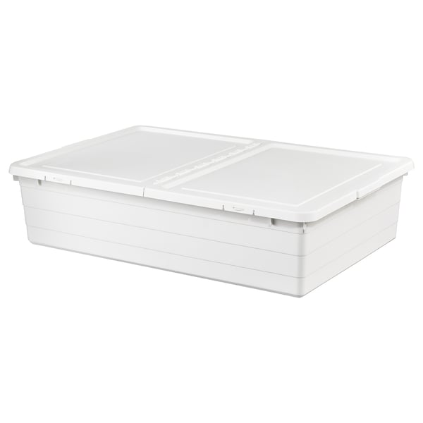 Aufbewahrungsbox aus weißem Kunststoff, rechteckige Form, Klappdeckel, passt unter Betten, strapazierfähiges Material.
