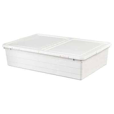 Aufbewahrungsbox aus weißem Kunststoff, rechteckige Form, Klappdeckel, passt unter Betten, strapazierfähiges Material.