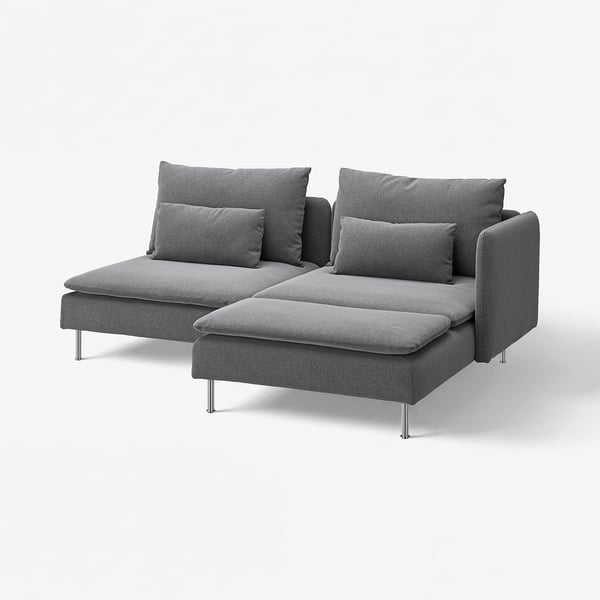 Modernes graues, l-förmiges Sofa, tiefe Sitze, polierte Metallbeine, schlankes Design.