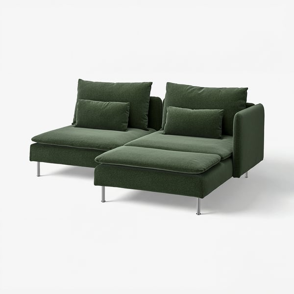 Dunkelgrünes, modernes L-förmiges Sofa mit Metallbeinen, weichen Kissen und minimalistischem Design. Ideal für gemütliche Entspannung.